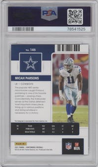 Micah Parsons from the 2021 Panini Contenders   set featuring a Auto Cracked Ice parallel graded by PSA and given an overall grade of 9.