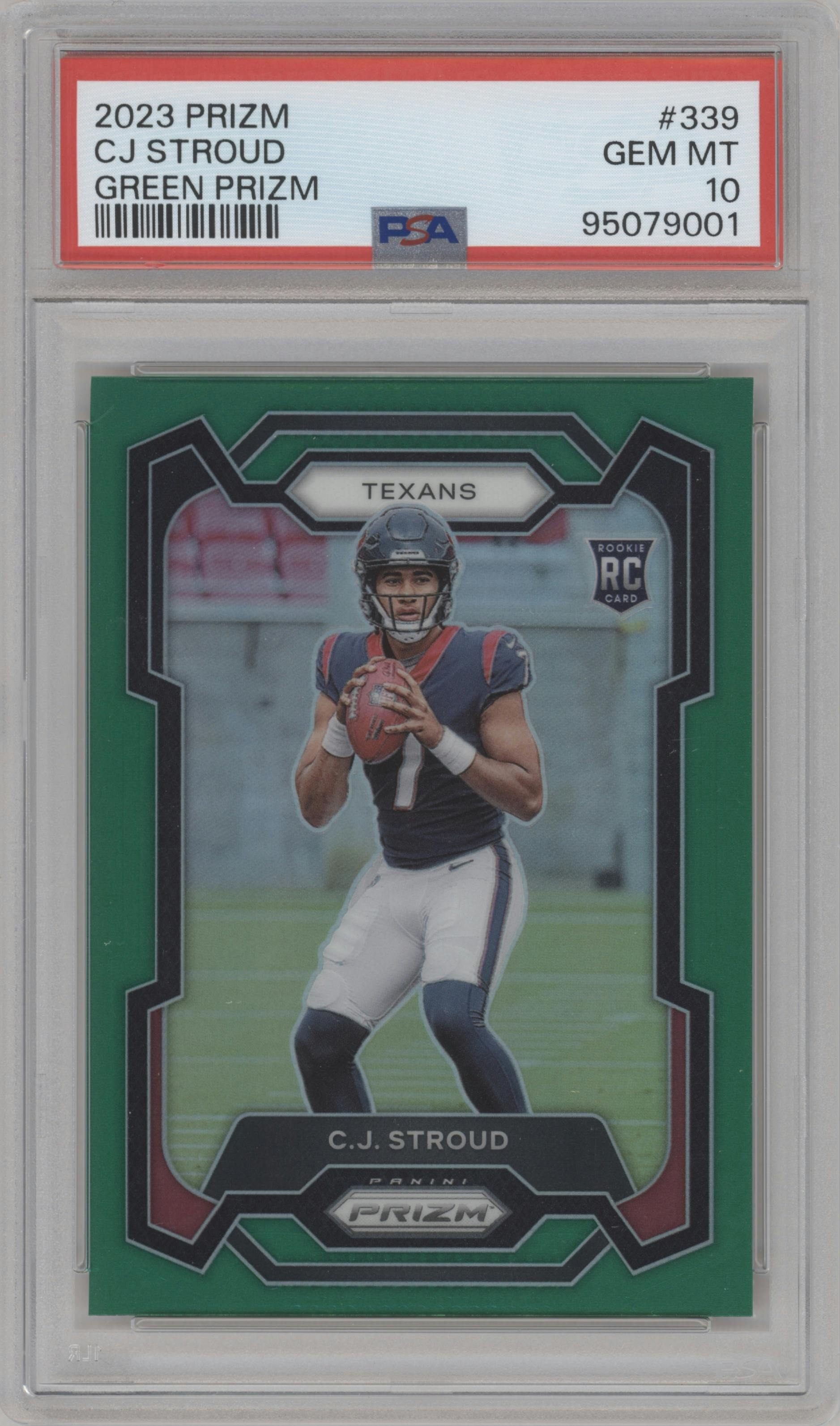 C.J. Stroud from the 2023 Panini Prizm set featuring a Green Prizm parallel graded by PSA and given an overall grade of 10.