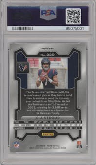 C.J. Stroud from the 2023 Panini Prizm set featuring a Green Prizm parallel graded by PSA and given an overall grade of 10.