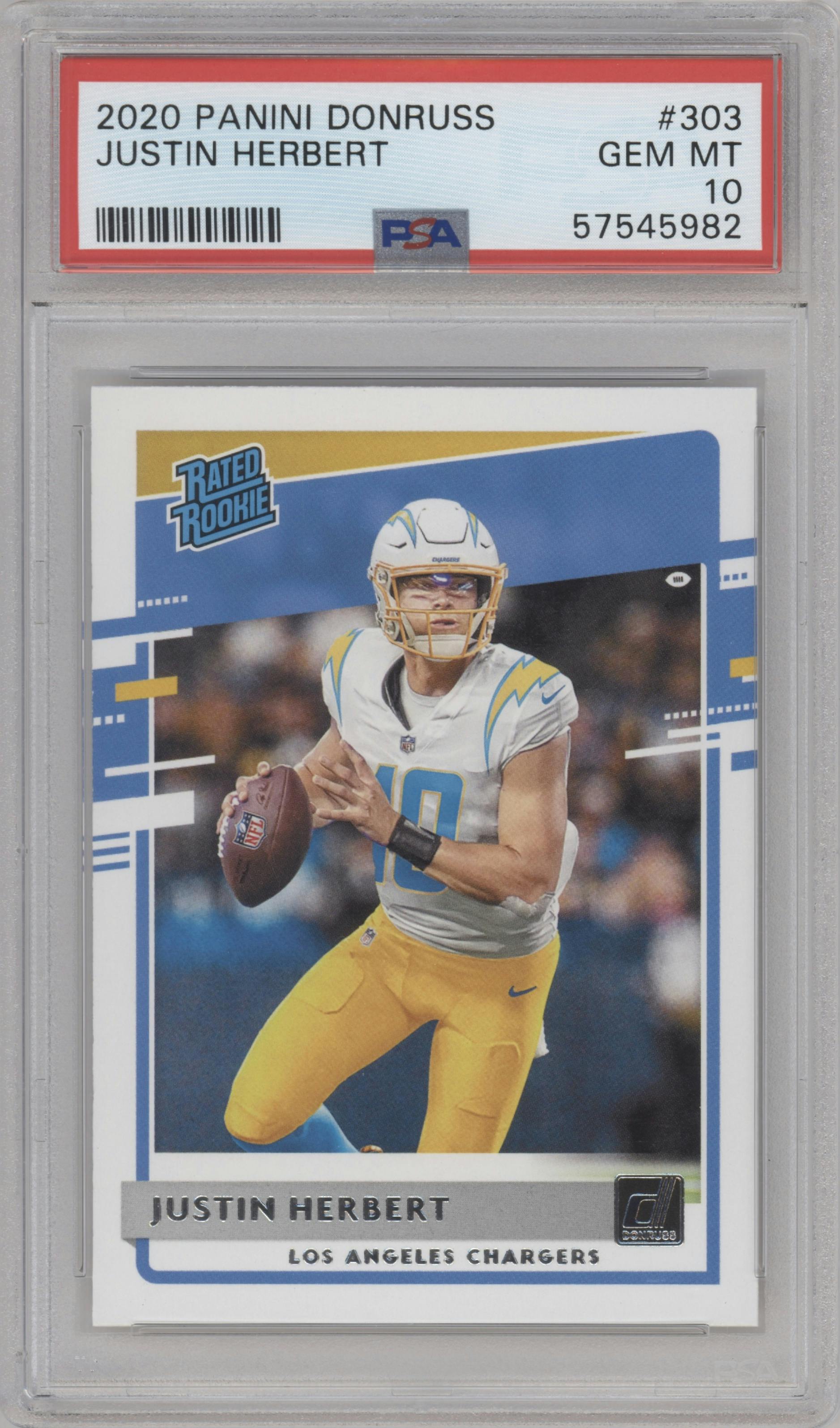 Justin Herbert from the 2020 Panini Donruss set graded by PSA and given an overall grade of 10.