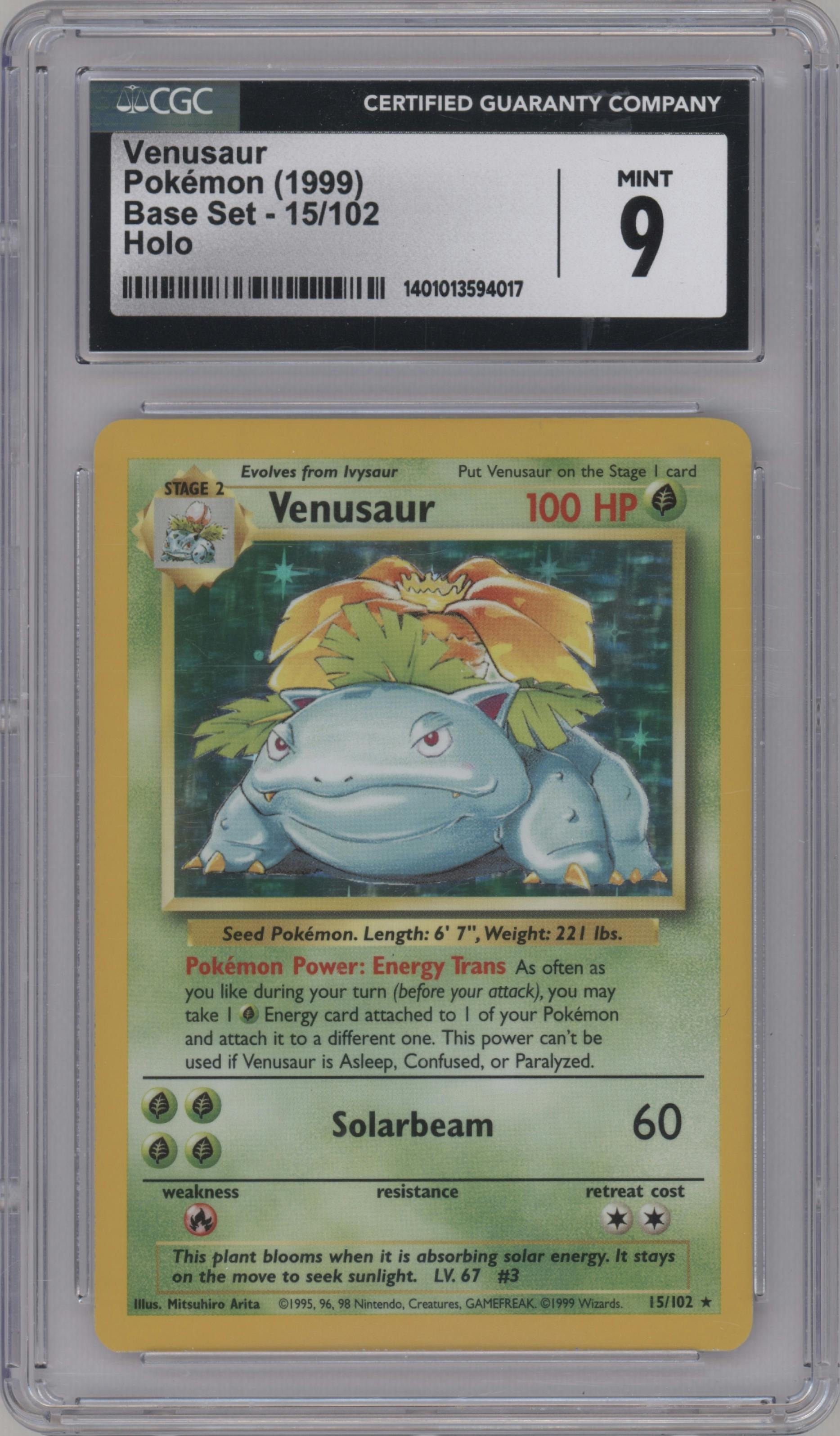 Venusaur from the 1999 Pokemon set graded by CSG and given an overall grade of 9.
