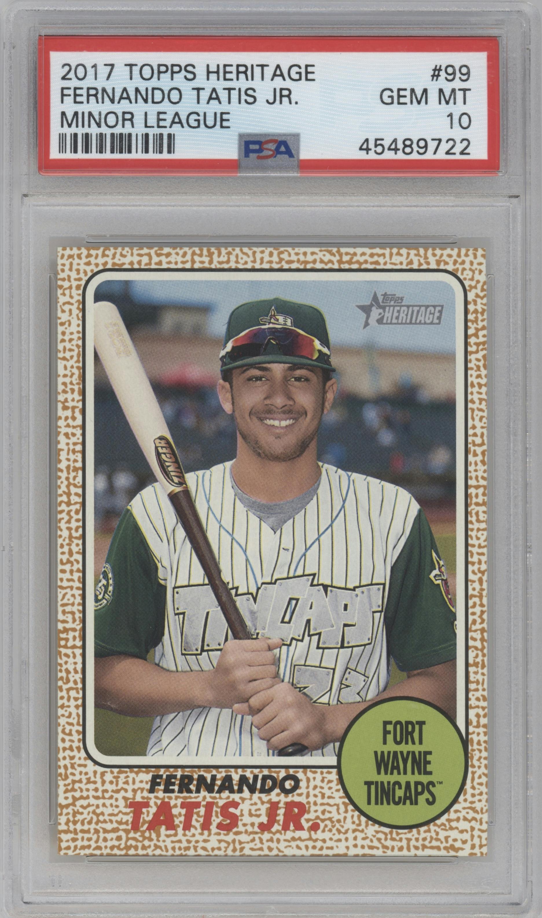 Fernando Tatis Jr. from the 2017 Topps Heritage Minor League set graded by PSA and given an overall grade of 10.