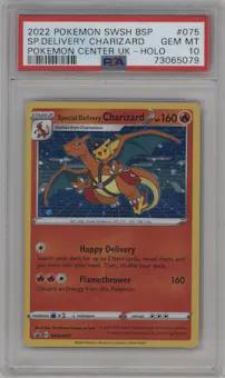 Special Delivery Charizard  from the 2022 Pokemon SWSH set featuring a Pokemon Center UK parallel graded by PSA and given an overall grade of 10.