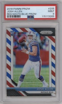 Josh Allen from the 2018 Panini Prizm set featuring a Red/White/Blue Prizm parallel graded by PSA and given an overall grade of 9.
