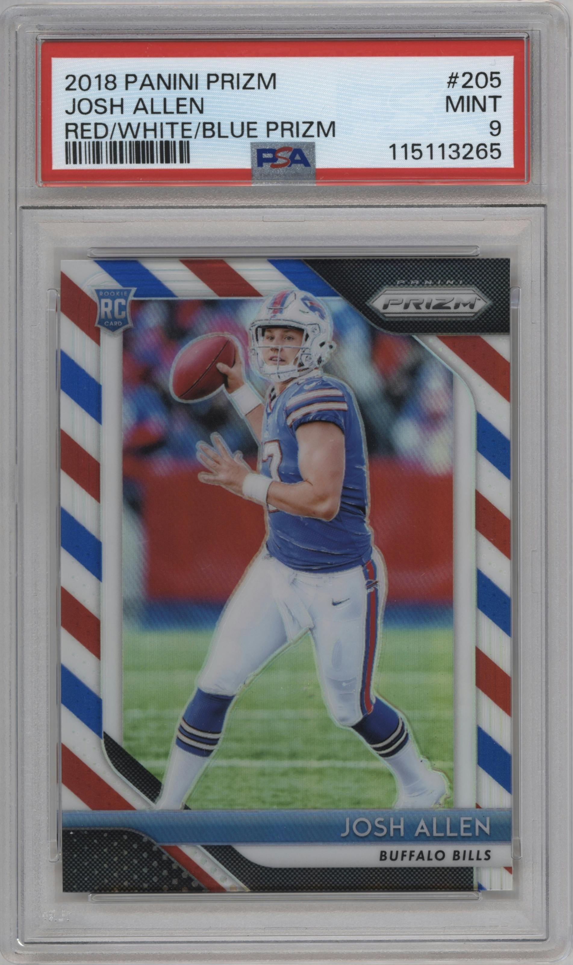 Josh Allen from the 2018 Panini Prizm set featuring a Red/White/Blue Prizm parallel graded by PSA and given an overall grade of 9.