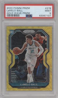 LaMelo Ball from the 2020-21 Panini Prizm set featuring a Gold Wave parallel graded by PSA and given an overall grade of 9.