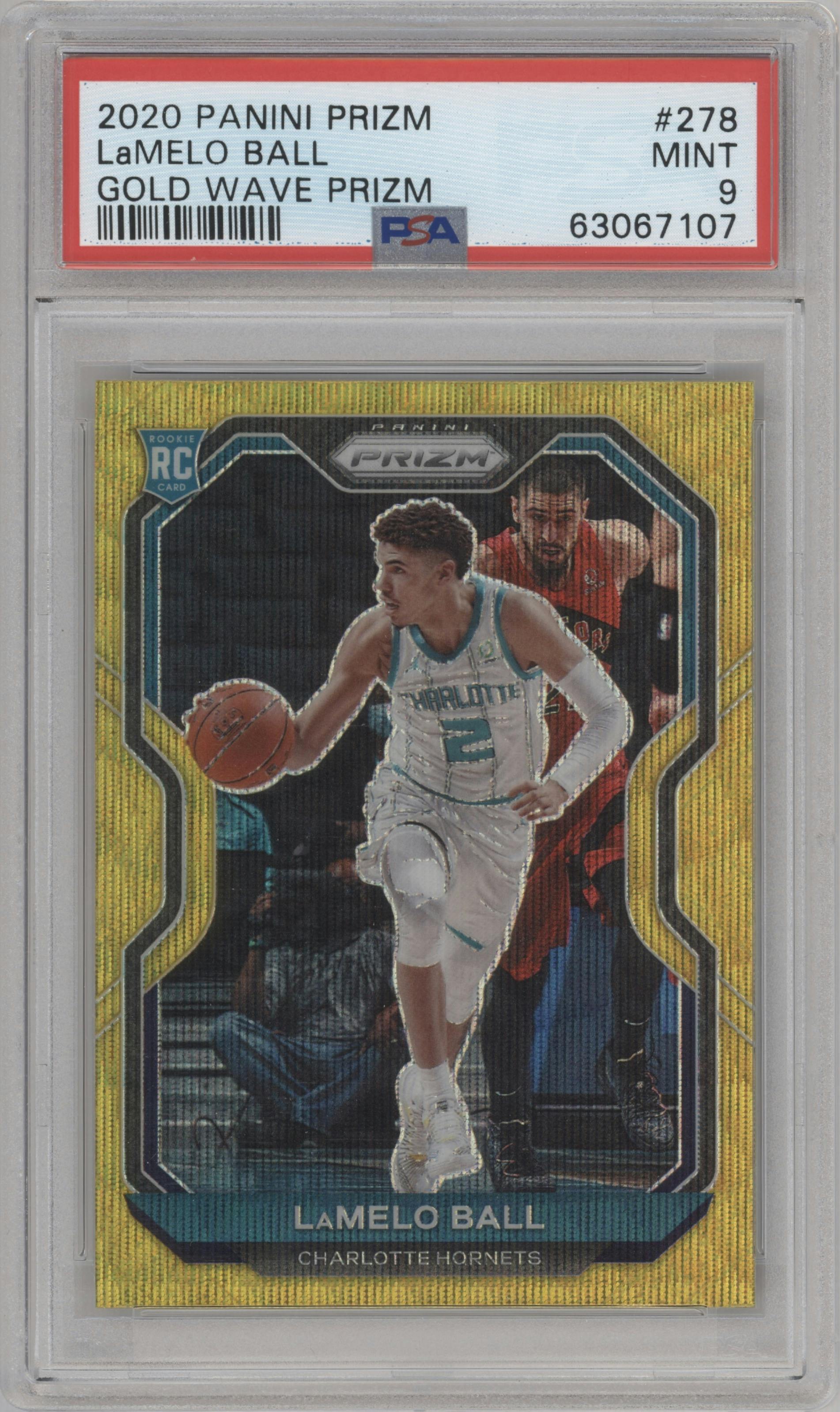LaMelo Ball from the 2020-21 Panini Prizm set featuring a Gold Wave parallel graded by PSA and given an overall grade of 9.