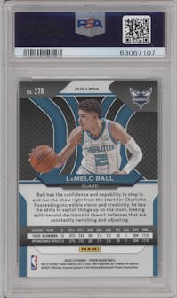 LaMelo Ball from the 2020-21 Panini Prizm set featuring a Gold Wave parallel graded by PSA and given an overall grade of 9.