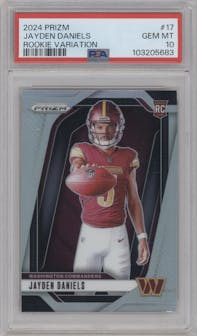 Jayden Daniels from the 2024 Panini Prizm set graded by PSA and given an overall grade of 10.