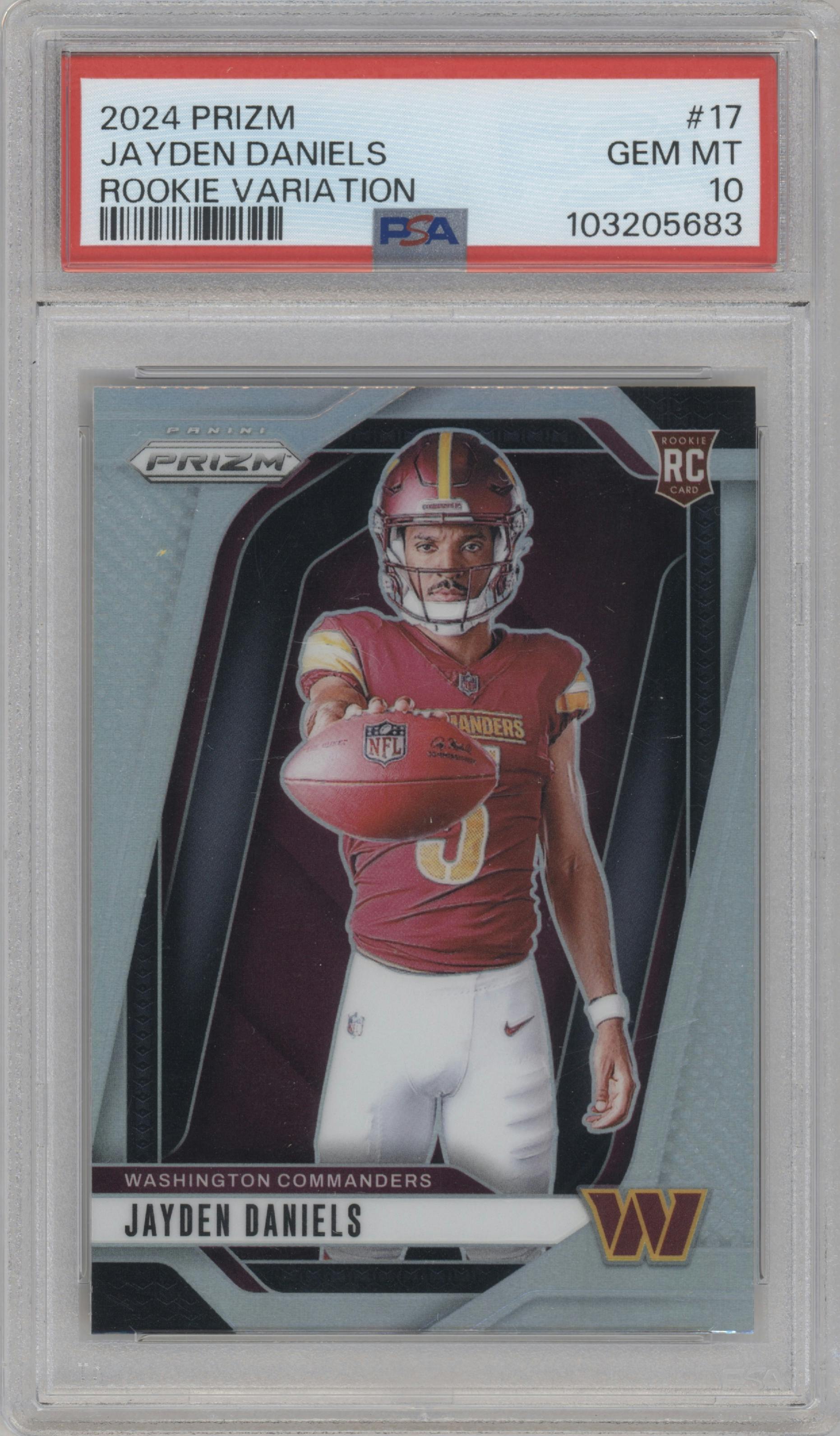 Jayden Daniels from the 2024 Panini Prizm set graded by PSA and given an overall grade of 10.