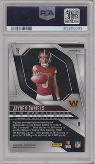 Jayden Daniels from the 2024 Panini Prizm set graded by PSA and given an overall grade of 10.