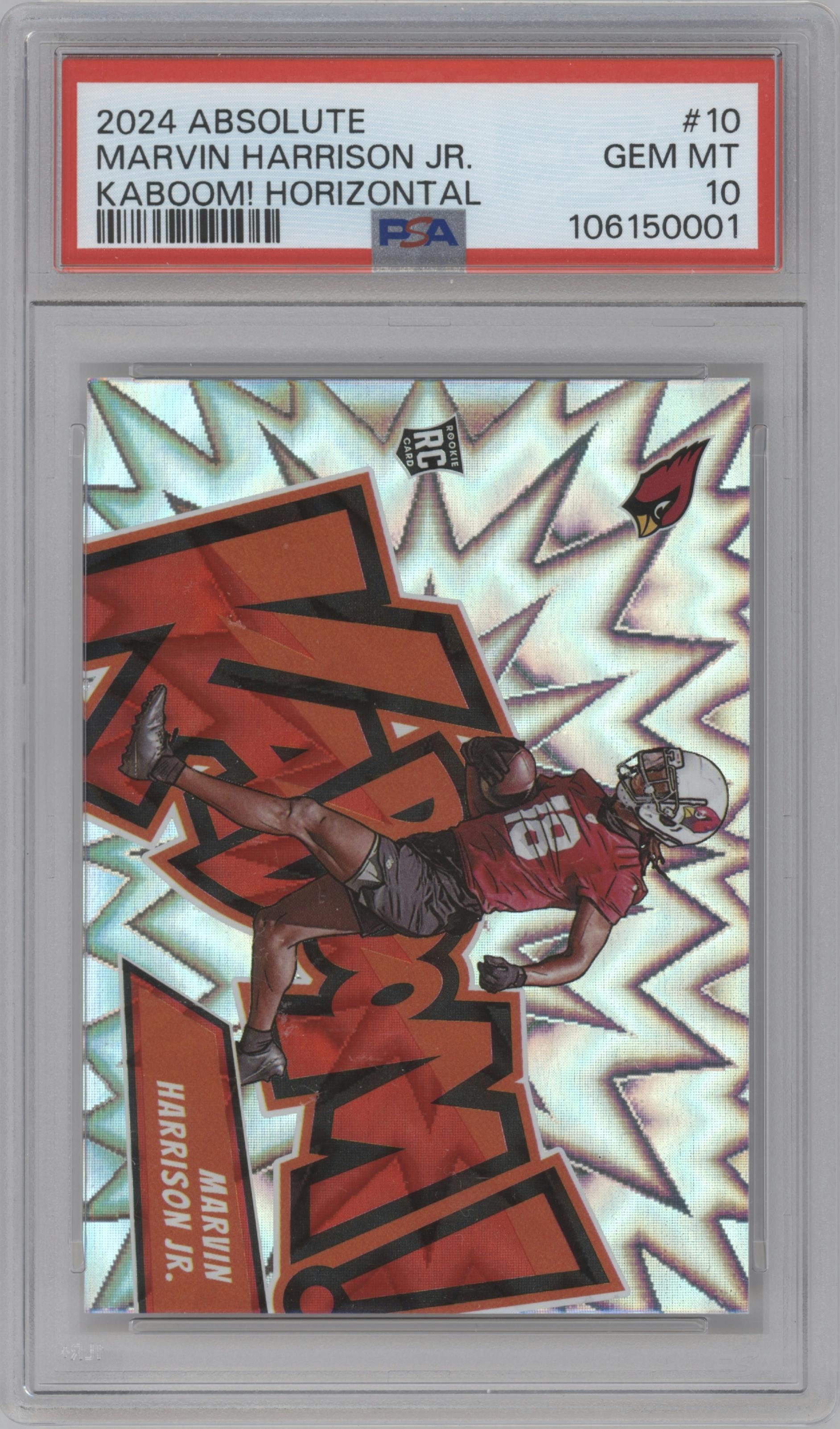 Marvin Harrison Jr. from the 2024 Panini Absolute set graded by PSA and given an overall grade of 10.