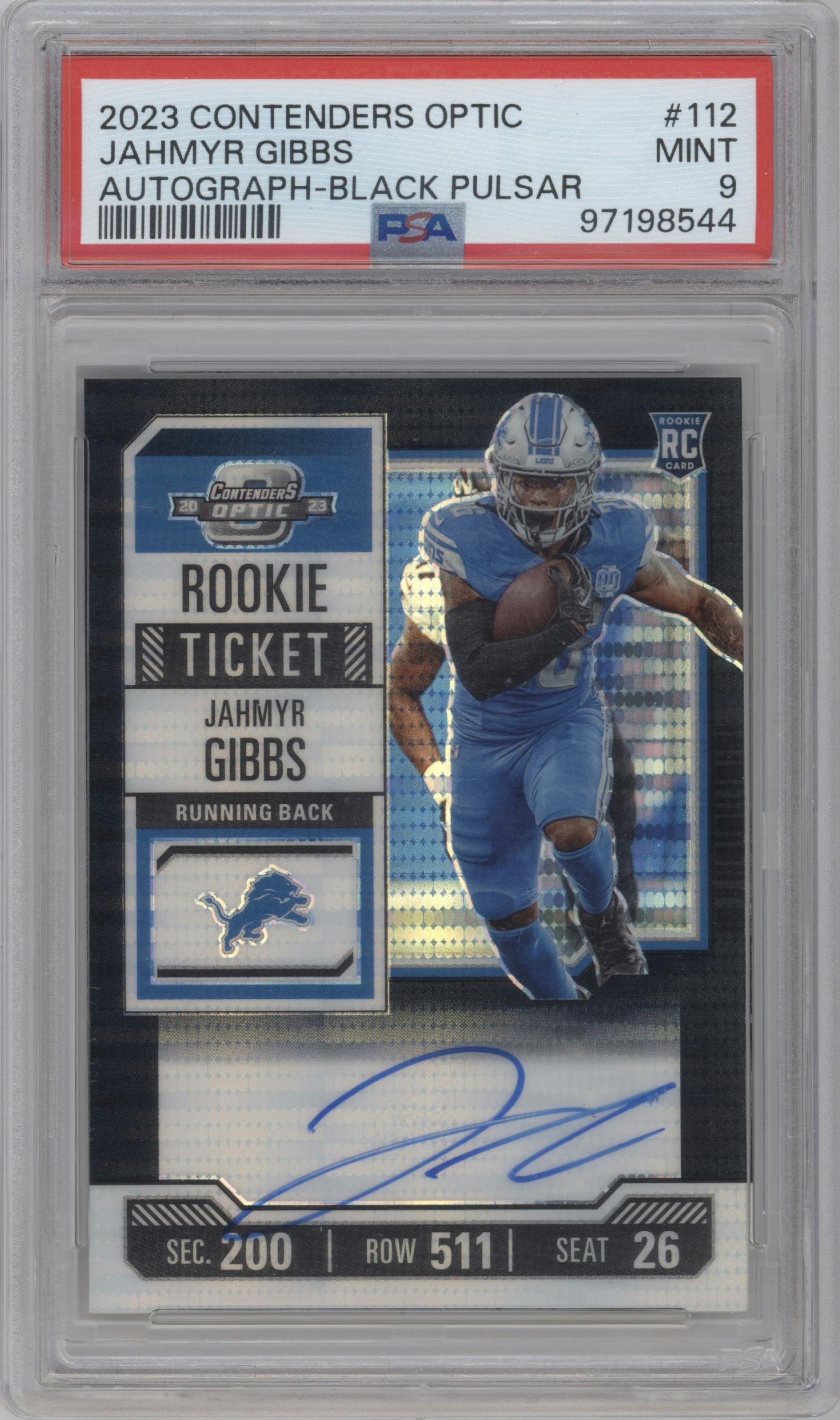 Jahmyr Gibbs from the 2023 Panini Contenders Optic set featuring a Black Pulsar parallel graded by PSA and given an overall grade of 9.