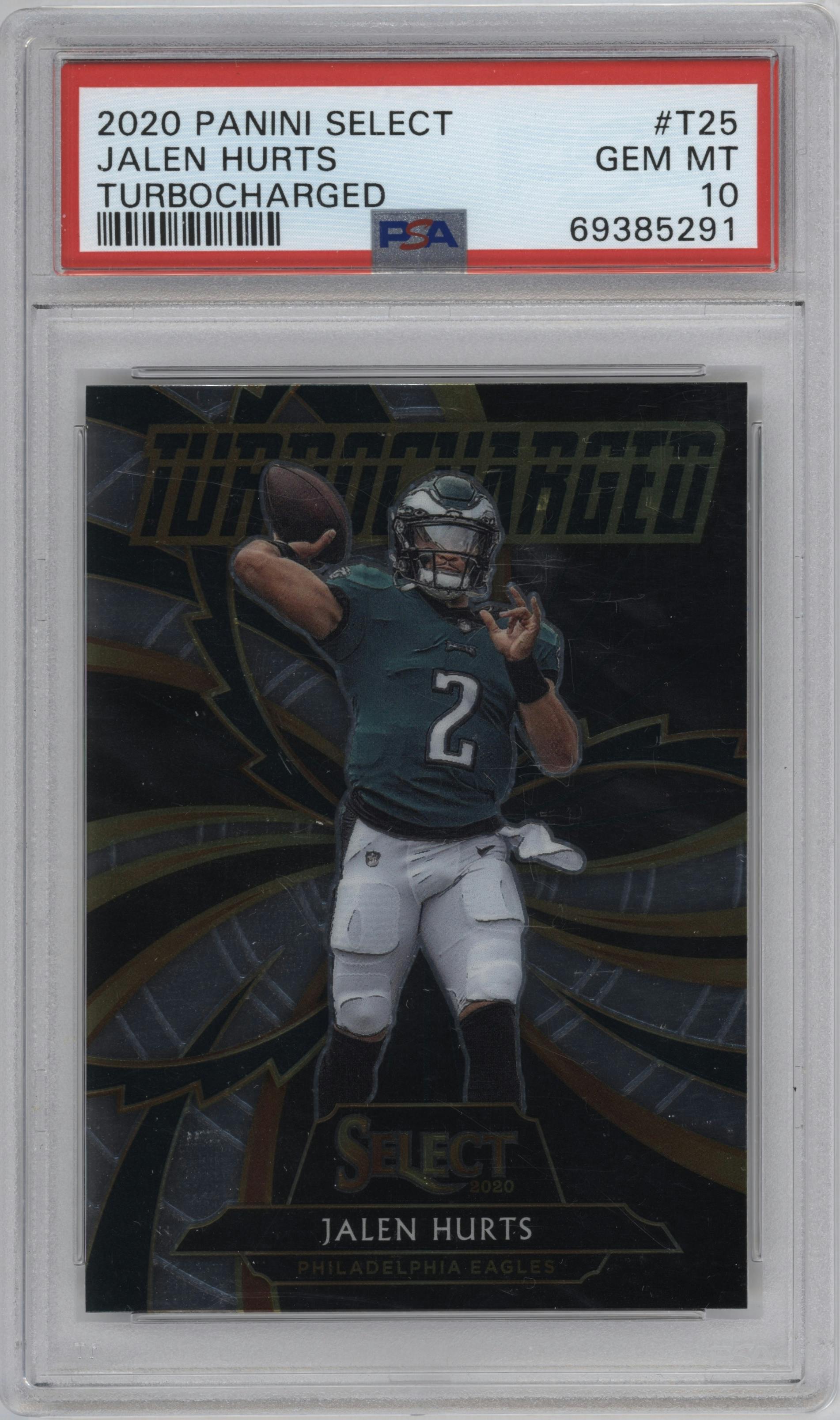 Jalen Hurts from the 2020 Panini Select set graded by PSA and given an overall grade of 10.