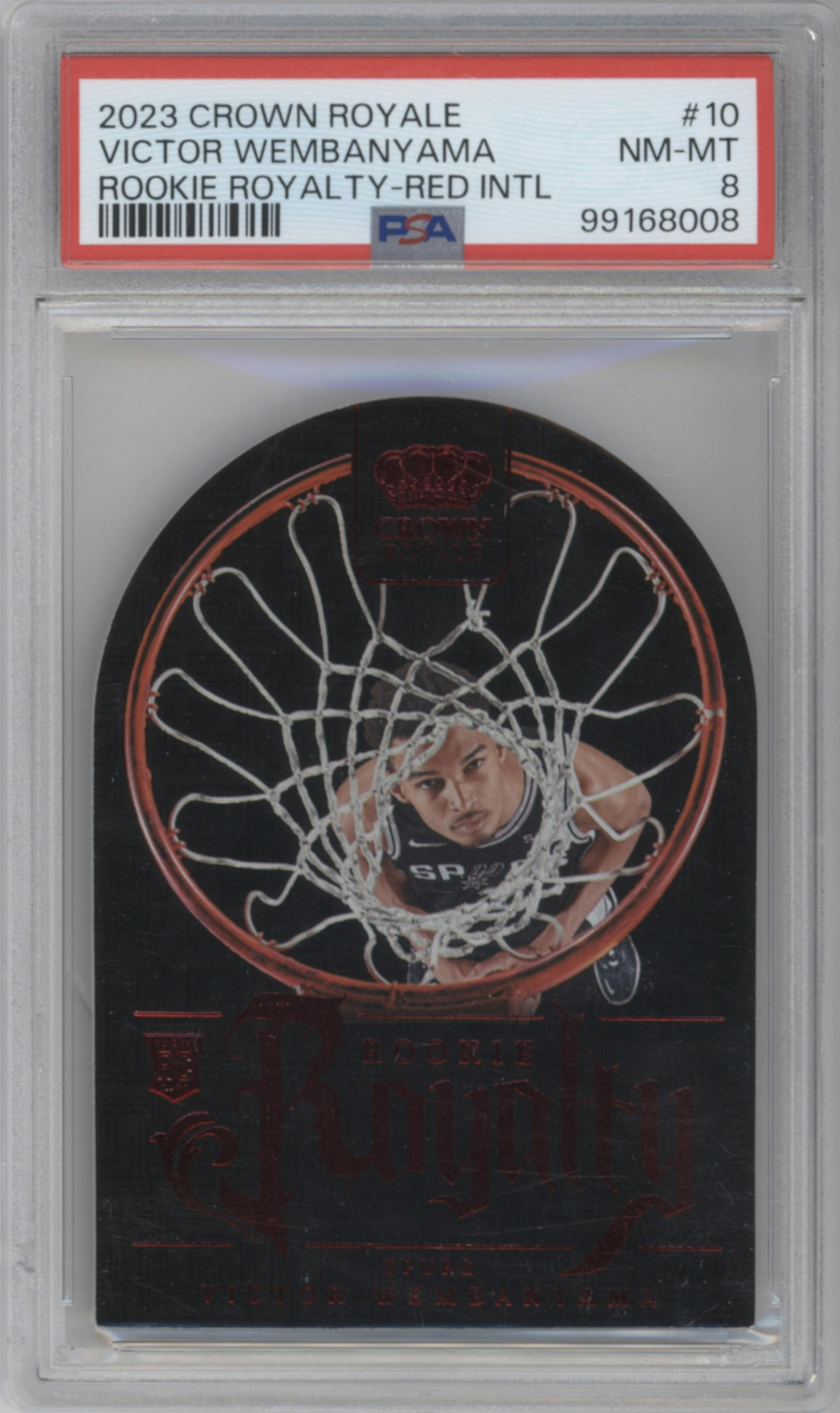Victor Wembanyama from the 2023-24 Panini Crown Royale  set featuring a Red International parallel graded by PSA and given an overall grade of 8.