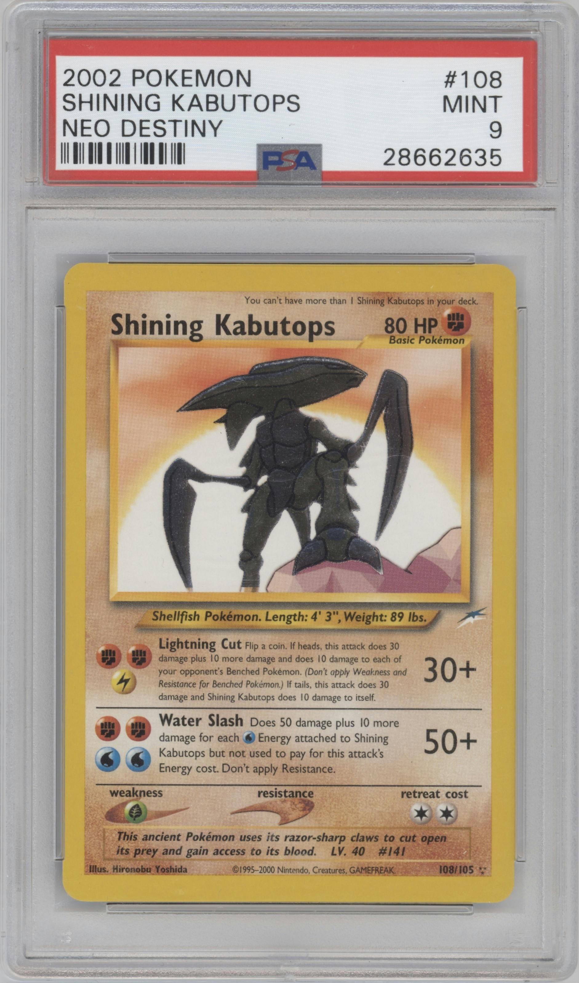 Shining Kabutops from the 2002 Pokemon Neo Genesis set graded by PSA and given an overall grade of 9.