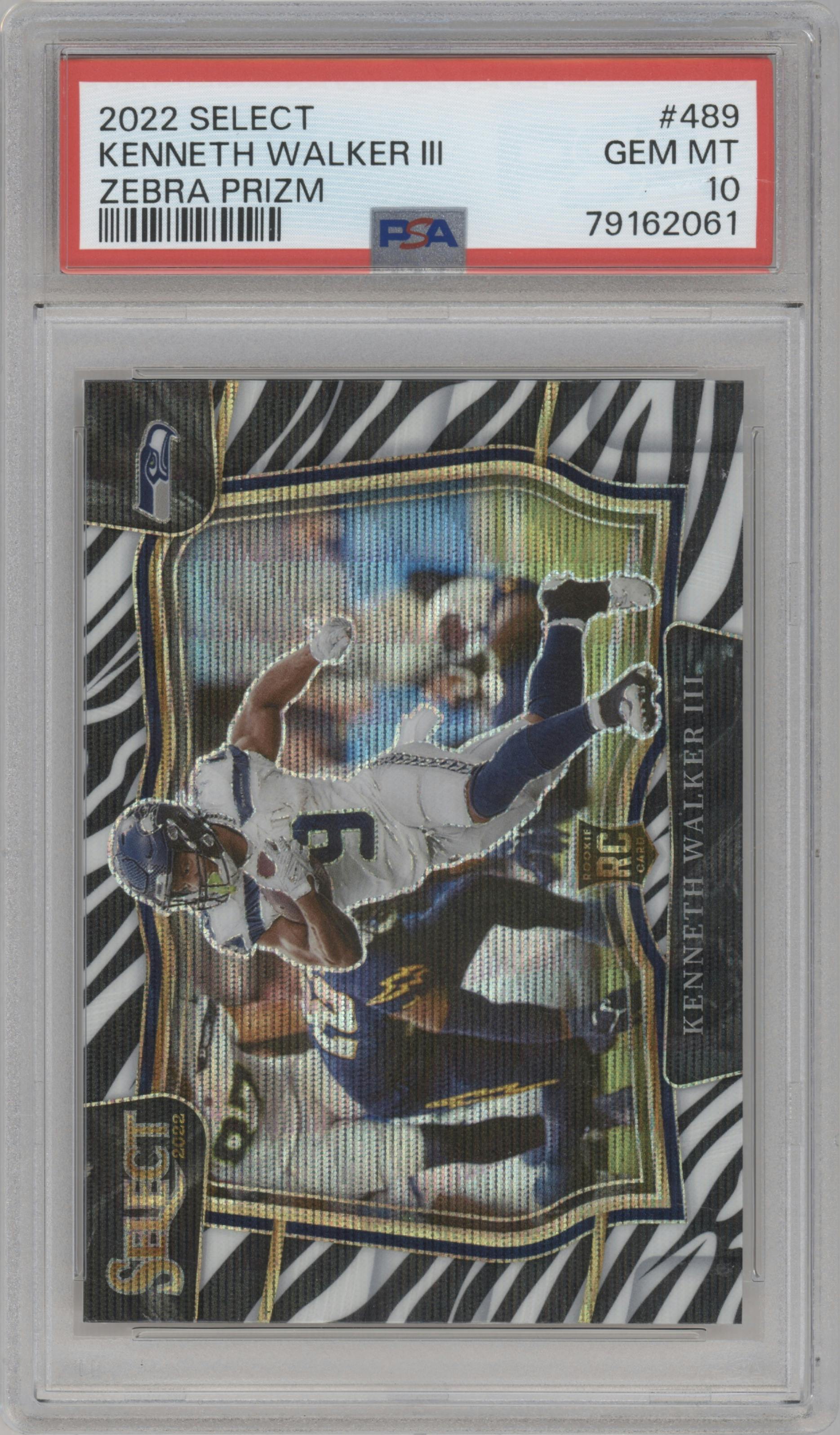 Kenneth Walker III from the 2022 Panini Select set featuring a Zebra parallel graded by PSA and given an overall grade of 10.
