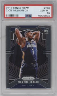 Zion Williamson from the 2019-20 Panini Prizm set graded by PSA and given an overall grade of 10.