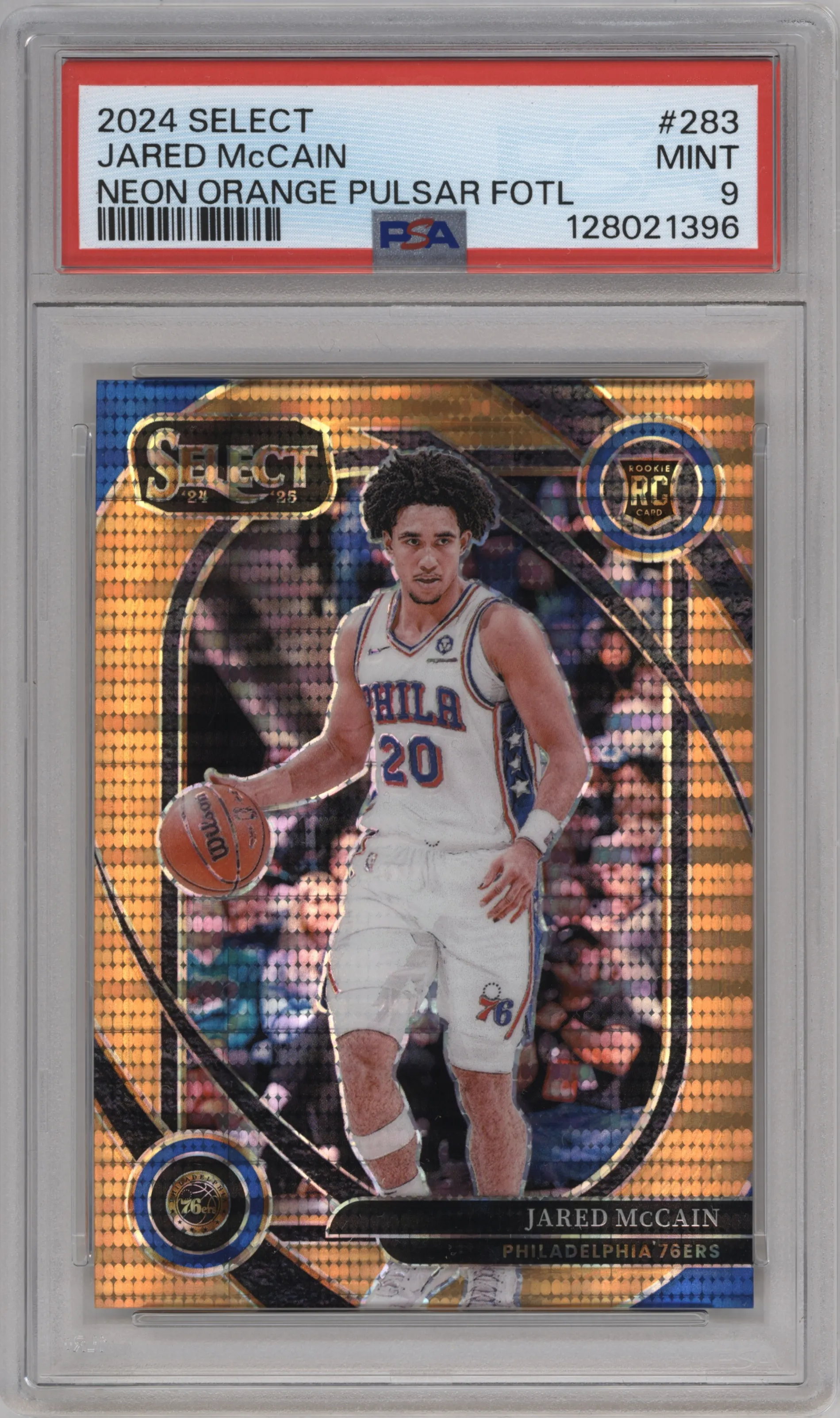 2024 Panini Select Courtside Jared McCain Neon Orange Pulsar FOTL Prizm #283 PSA 9