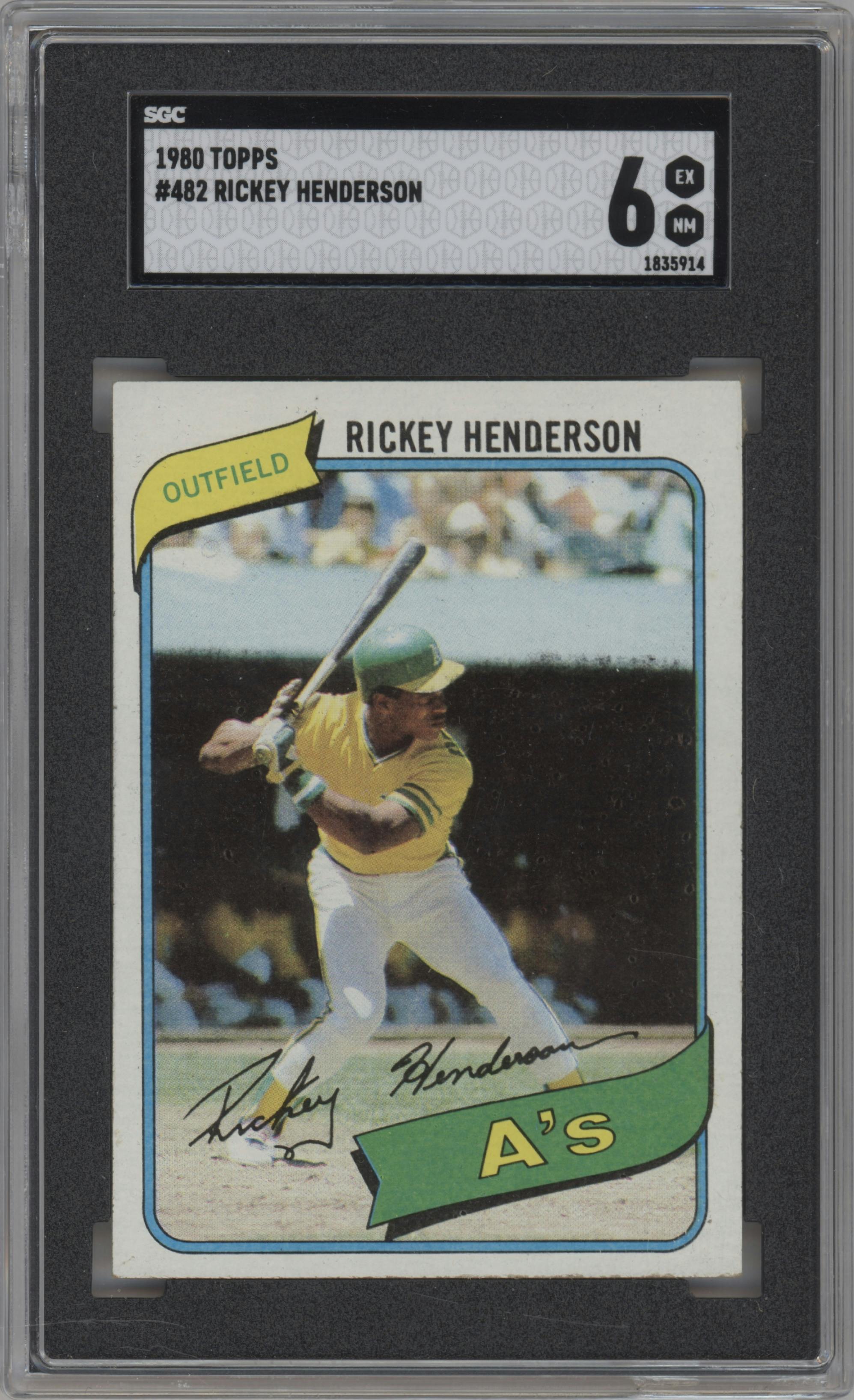 Rickey Henderson from the 1980 Topps set graded by SGC and given an overall grade of 6.