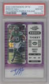 Breece Hall from the 2022 Panini Contenders Optic set featuring a  Purple Pulsar parallel graded by PSA and given an overall grade of 10.