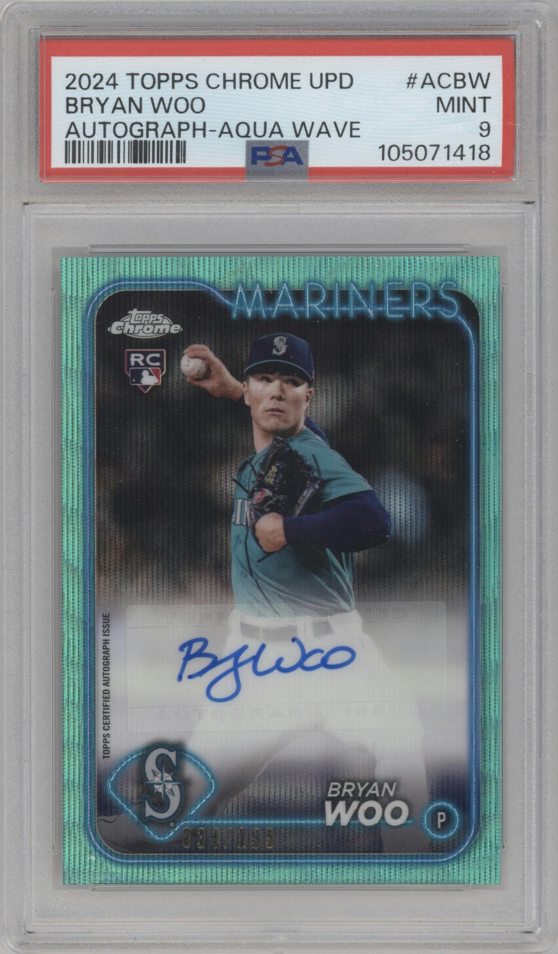 Bryan Woo from the 2024 Topps Chrome Update set featuring a Aqua Wave Refractor parallel graded by PSA and given an overall grade of 9.