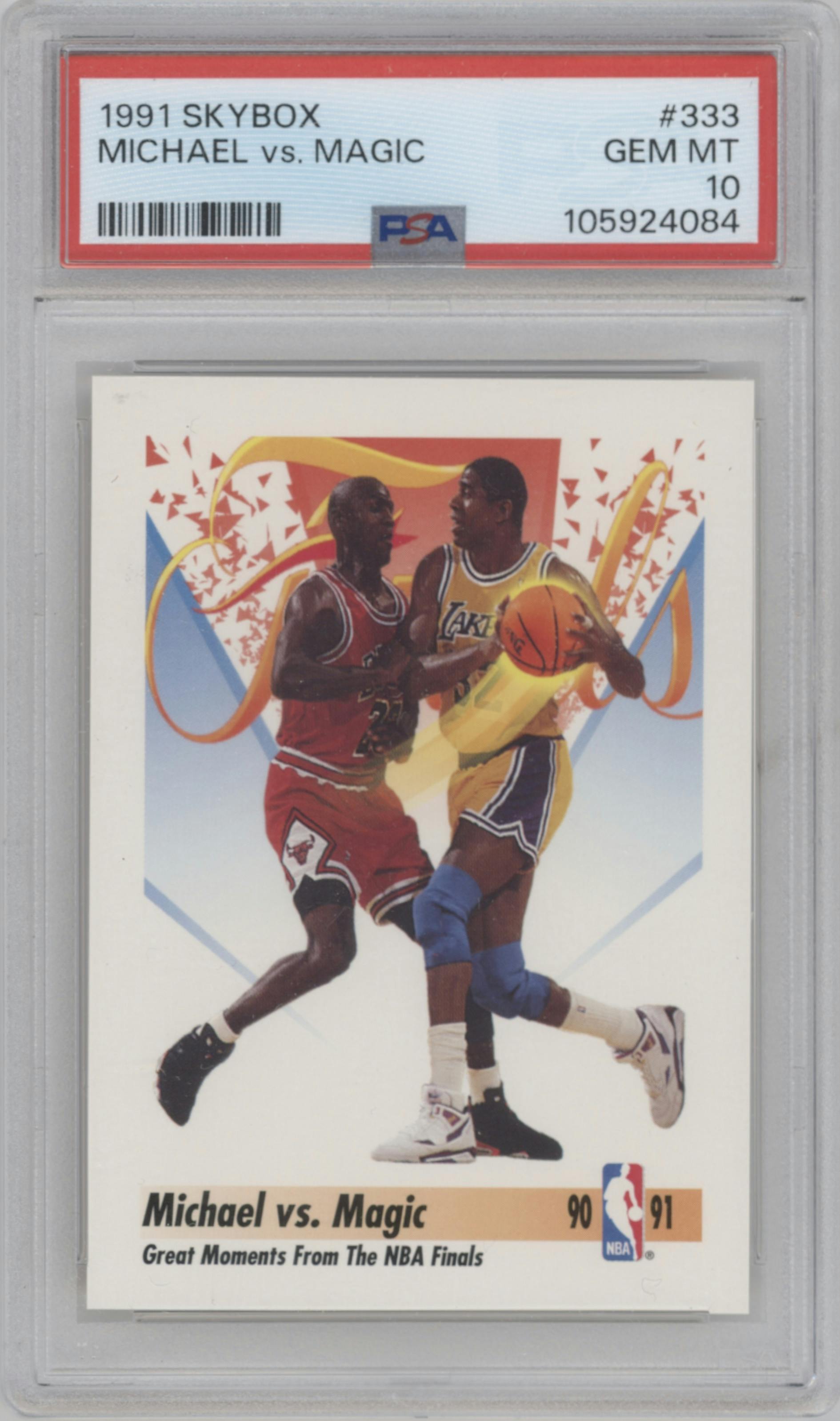 Michael Jordan/ Magic Johnson from the 1991-92 Skybox set graded by PSA and given an overall grade of 10.