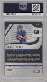 Daniel Jones from the 2019 Panini Prizm set featuring a  Red/White/Blue Prizm parallel graded by PSA and given an overall grade of 10.