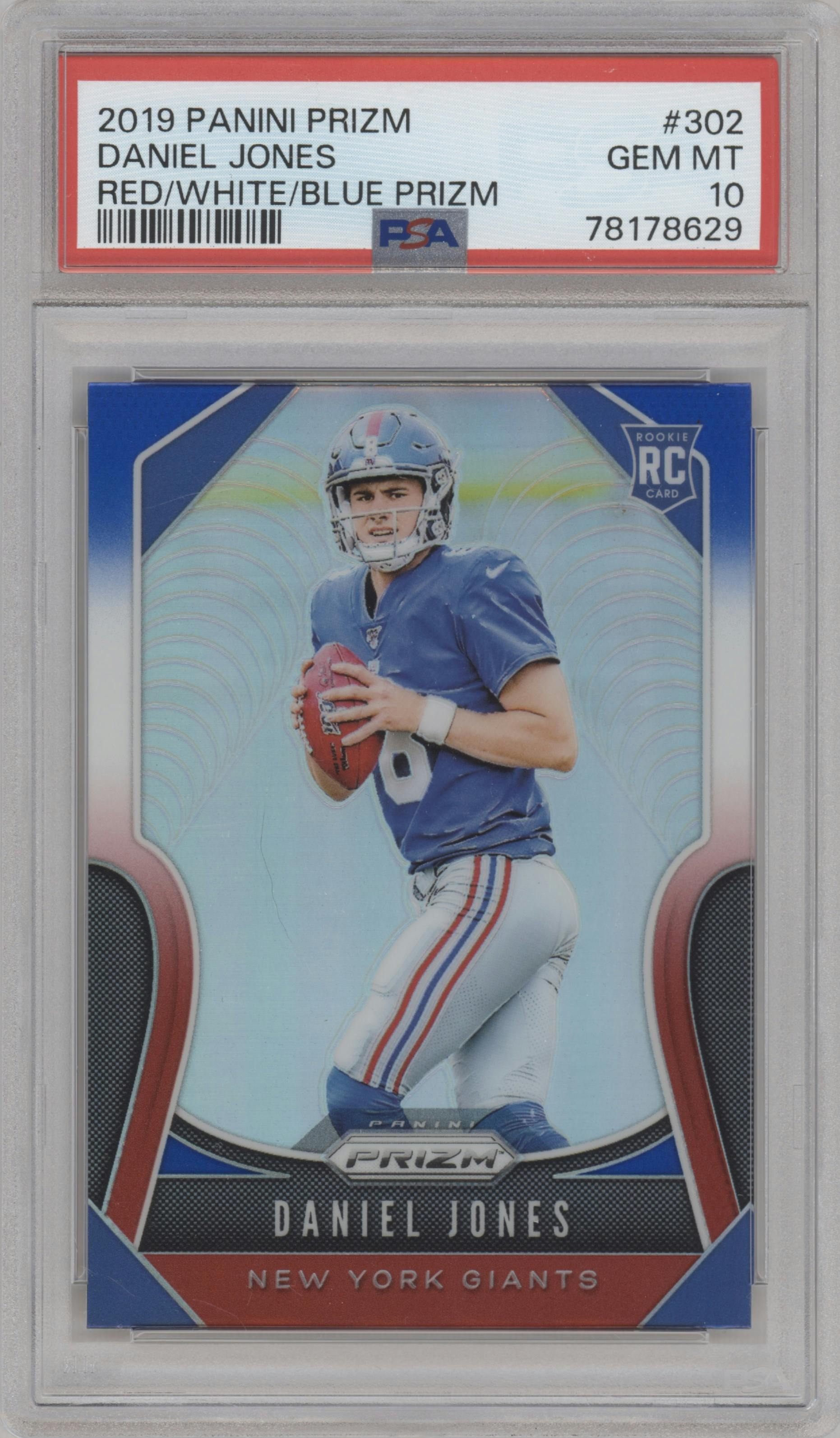 Daniel Jones from the 2019 Panini Prizm set featuring a  Red/White/Blue Prizm parallel graded by PSA and given an overall grade of 10.