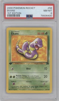 Ekans from the 2000 Pokemon set graded by PSA and given an overall grade of 8.