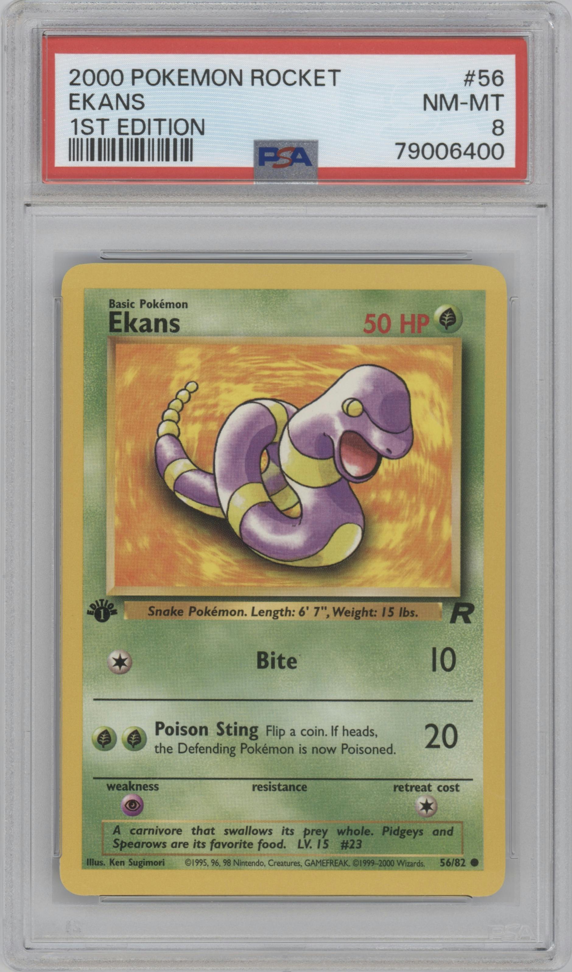 Ekans from the 2000 Pokemon set graded by PSA and given an overall grade of 8.