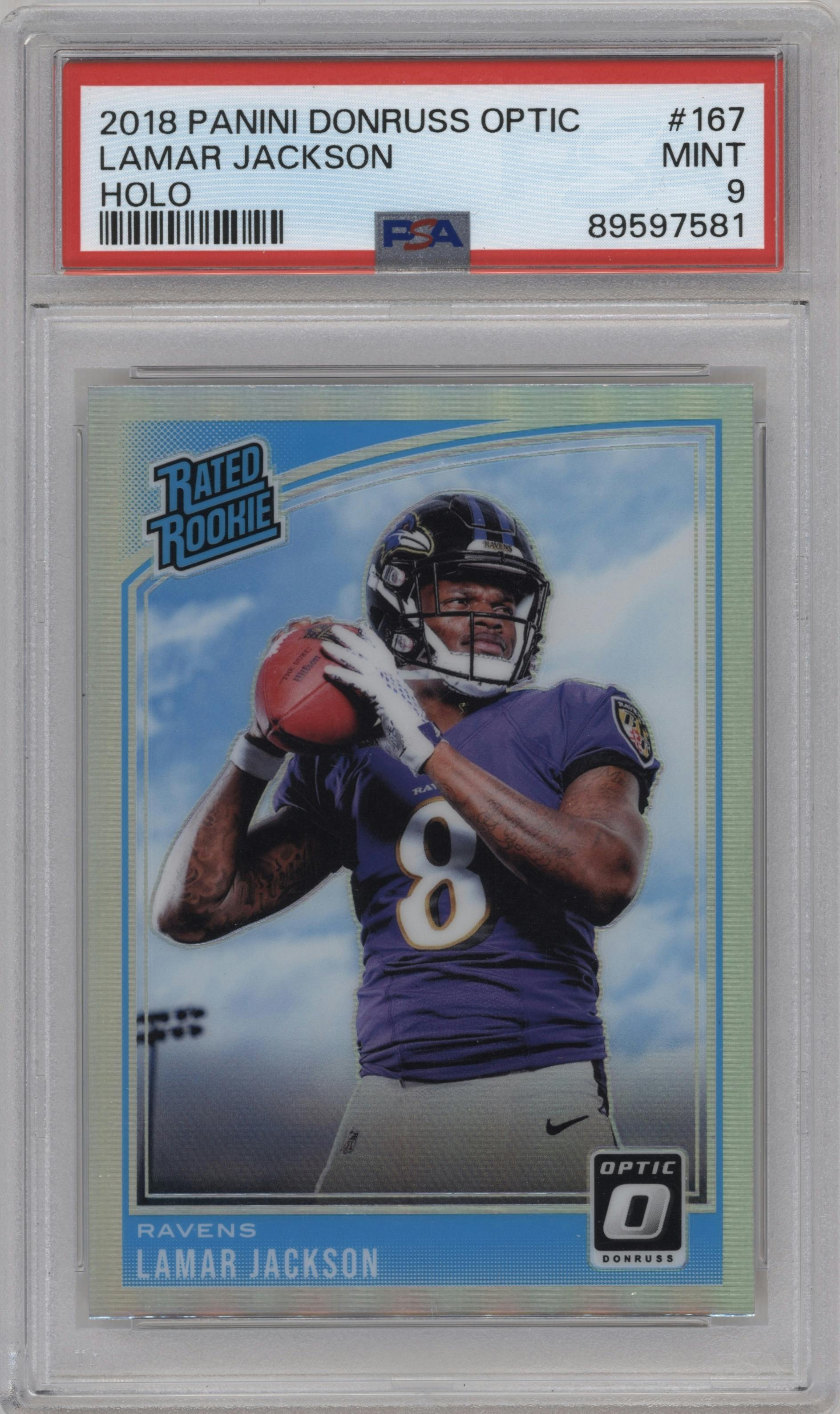 Lamar Jackson from the 2018 Panini Donruss Optic set featuring a Holo parallel graded by PSA and given an overall grade of 9.