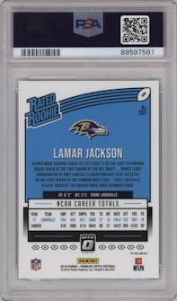 Lamar Jackson from the 2018 Panini Donruss Optic set featuring a Holo parallel graded by PSA and given an overall grade of 9.