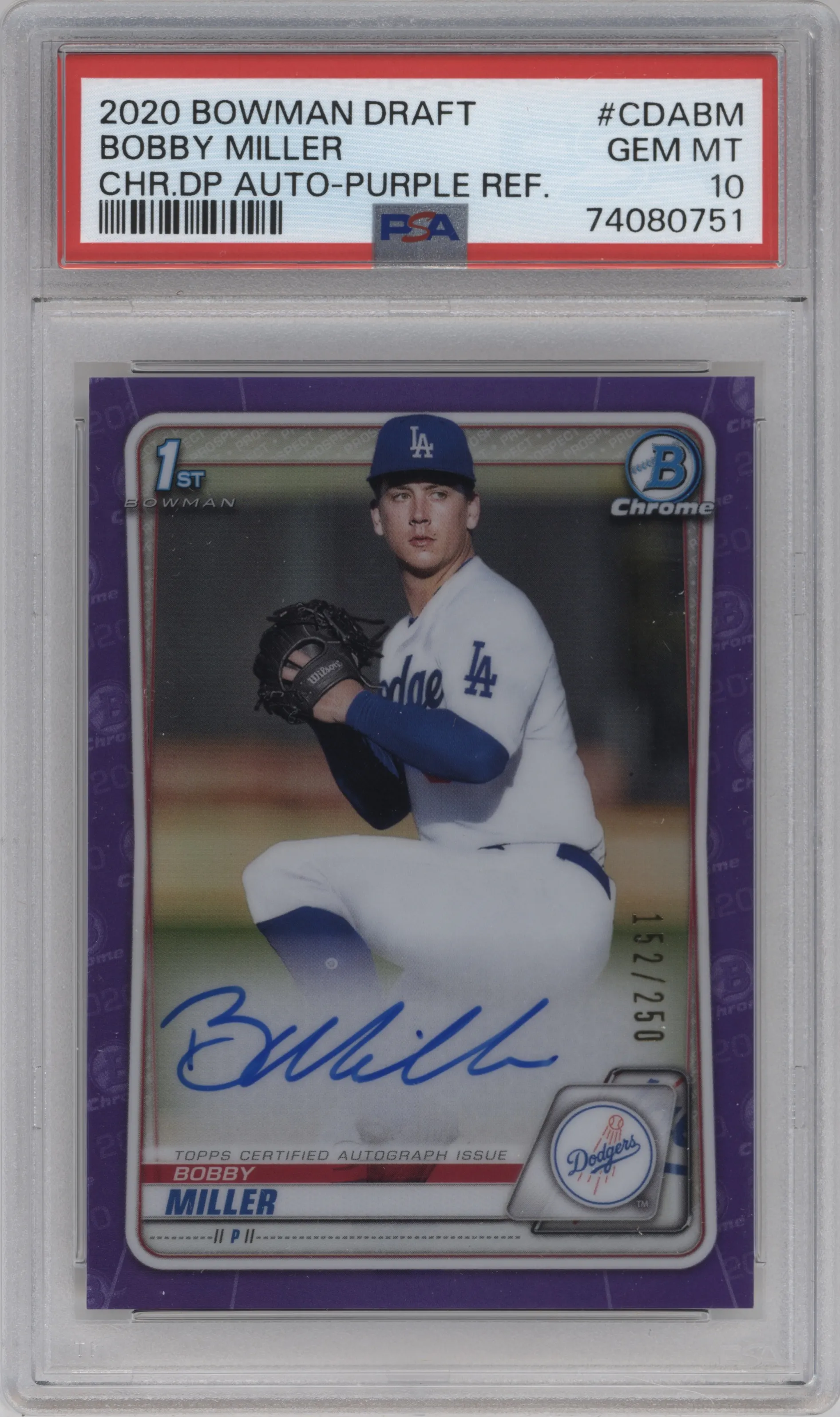 2020 Bowman Draft Chr.DP Auto Bobby Miller Purple Refractor PSA 10