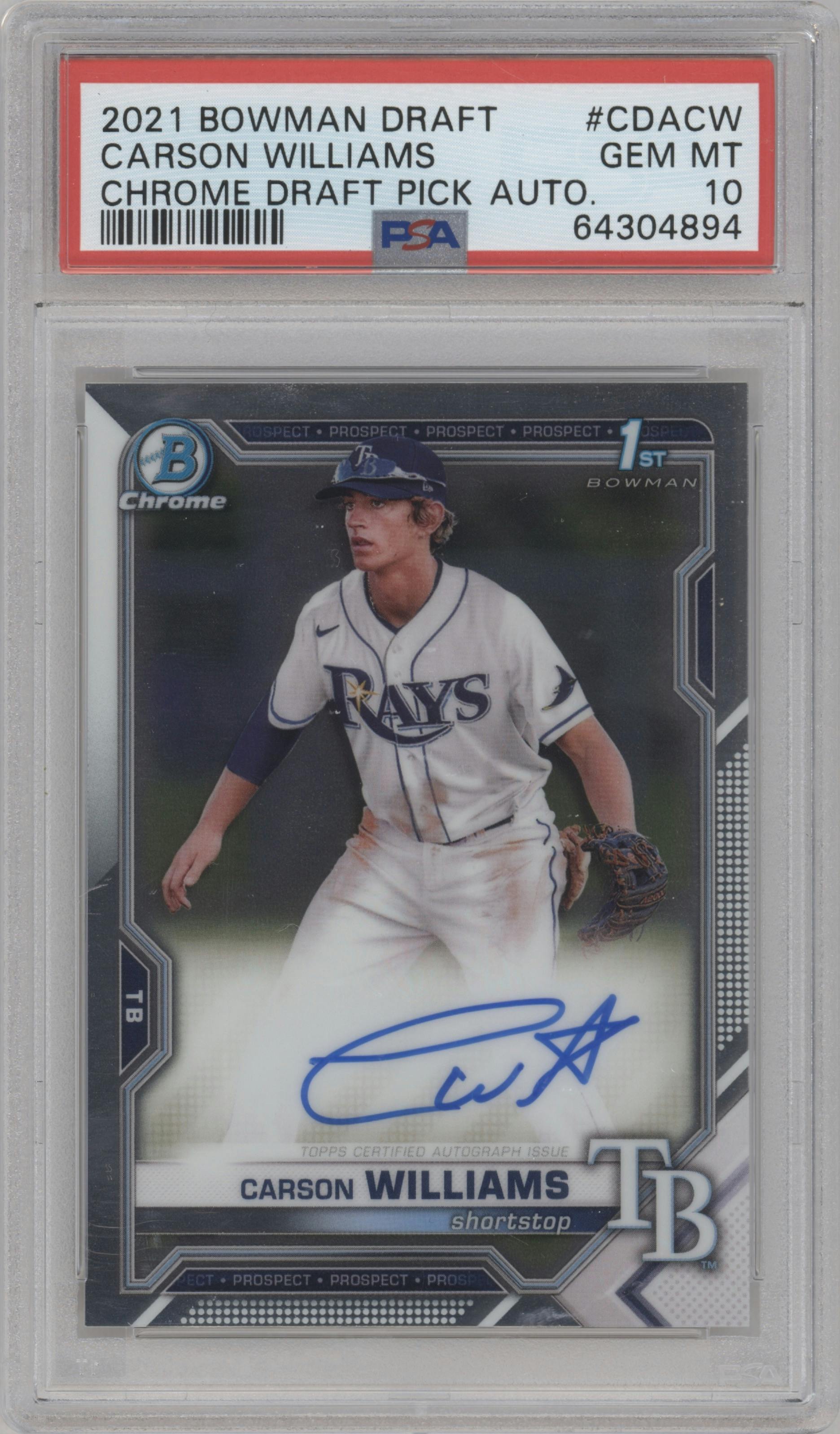 Carson Williams from the 2021 Bowman Draft set graded by PSA and given an overall grade of 10.