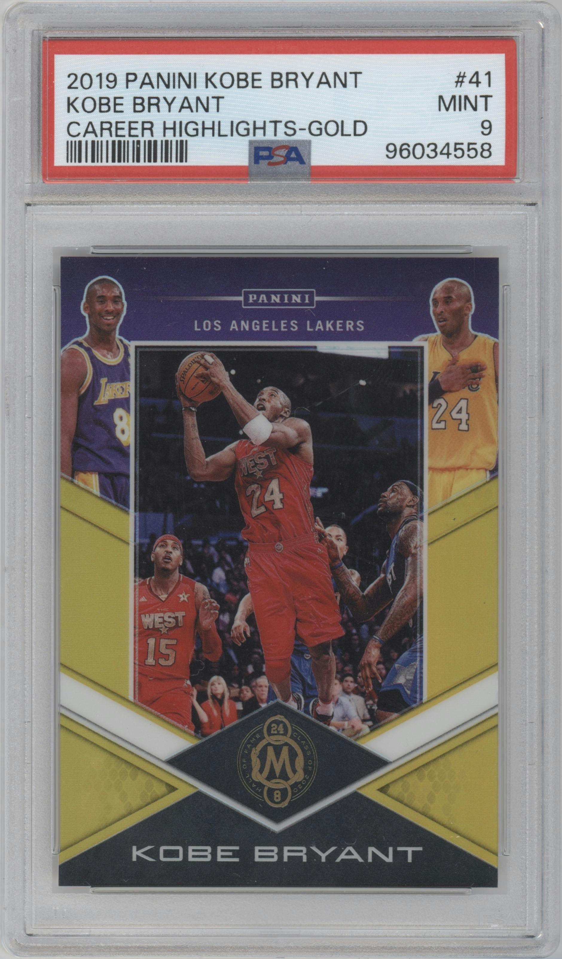 Kobe Bryant from the 2019-20 Panini Kobe Bryant Career Highlights set featuring a Gold parallel graded by PSA and given an overall grade of 9.