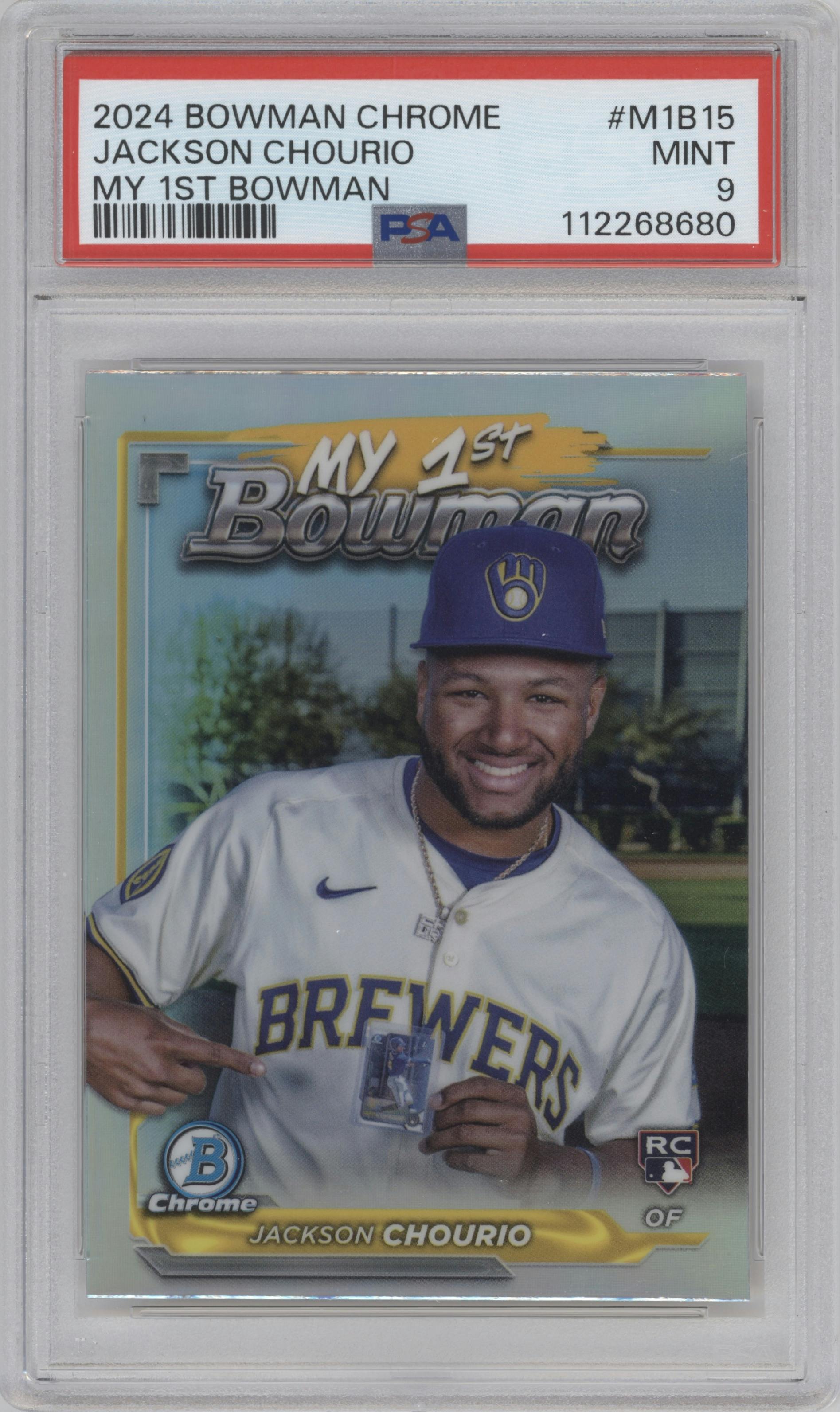 Jackson Chourio from the 2024 Bowman Chrome set graded by PSA and given an overall grade of 9.