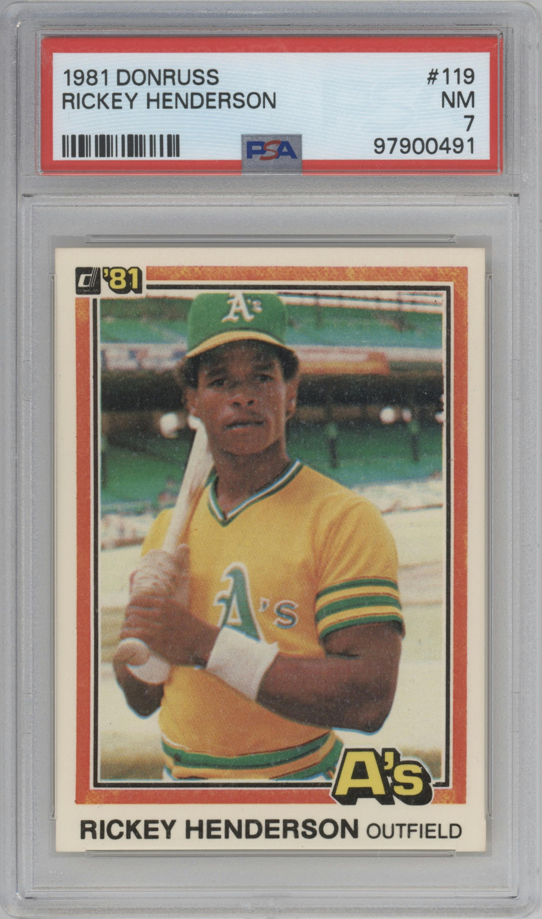 Rickey Henderson from the 1981 Donruss set graded by PSA and given an overall grade of 7.