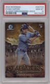 Evan Carter from the 2024 Bowman set featuring a Gold Refractors parallel graded by PSA and given an overall grade of 10.