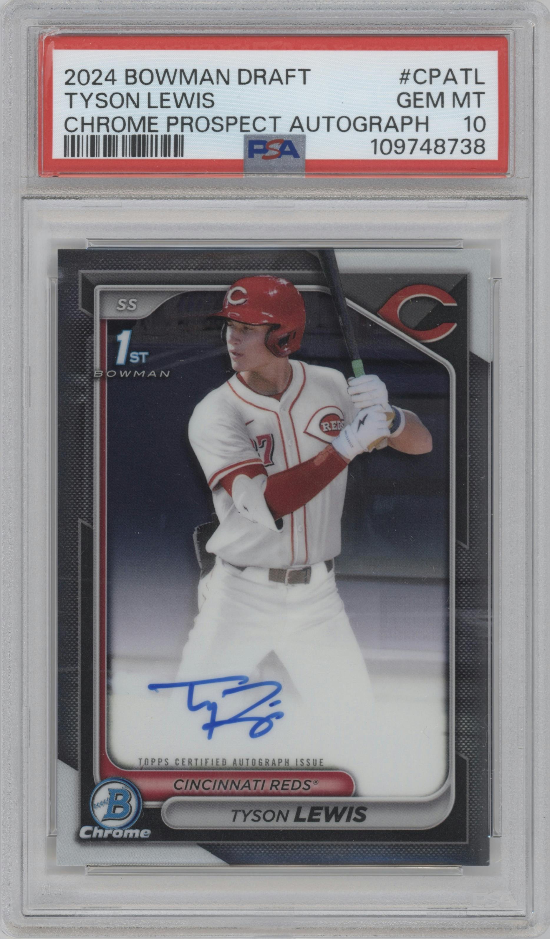 Tyson Lewis from the 2024 Bowman Draft set graded by PSA and given an overall grade of 10.