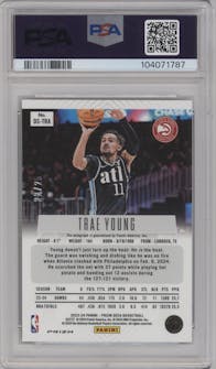 Trae Young from the 2023-24 Panini Prizm Deca set featuring a FOTL Green Shimmer parallel graded by PSA and given an overall grade of 9.