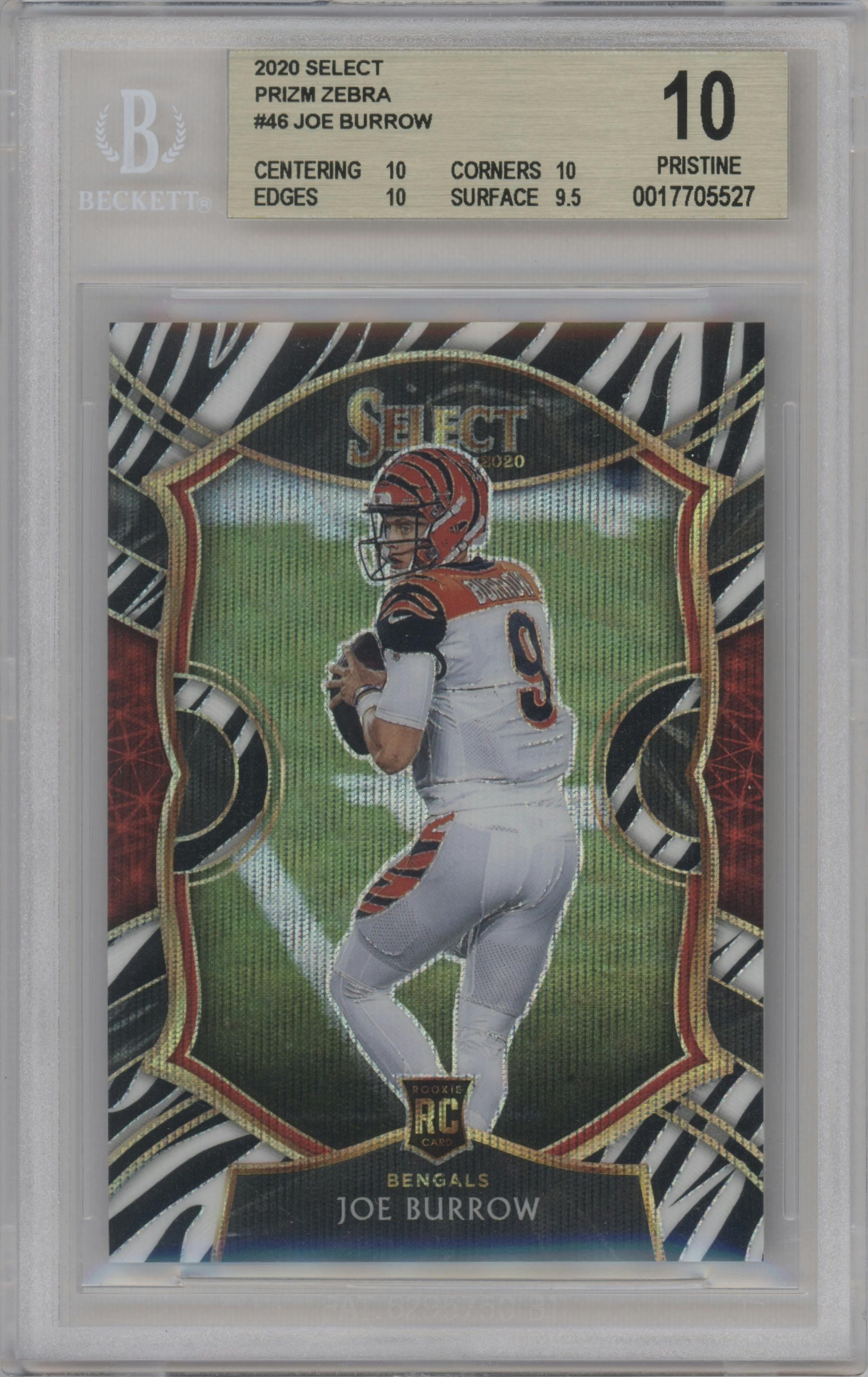 Joe Burrow from the 2020 Panini Select set featuring a Zebra parallel graded by Beckett and given an overall grade of 10.