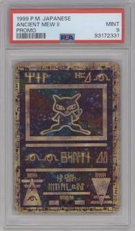Ancient Mew II from the 1999 Pokemon JPN set featuring a The Power of One parallel graded by PSA and given an overall grade of 9.
