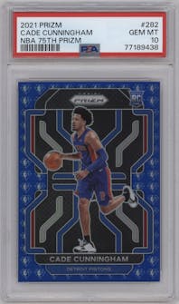 Cade Cunningham from the 2021-22 Panini Prizm  set featuring a Blue NBA 75th Prizm parallel graded by PSA and given an overall grade of 10.