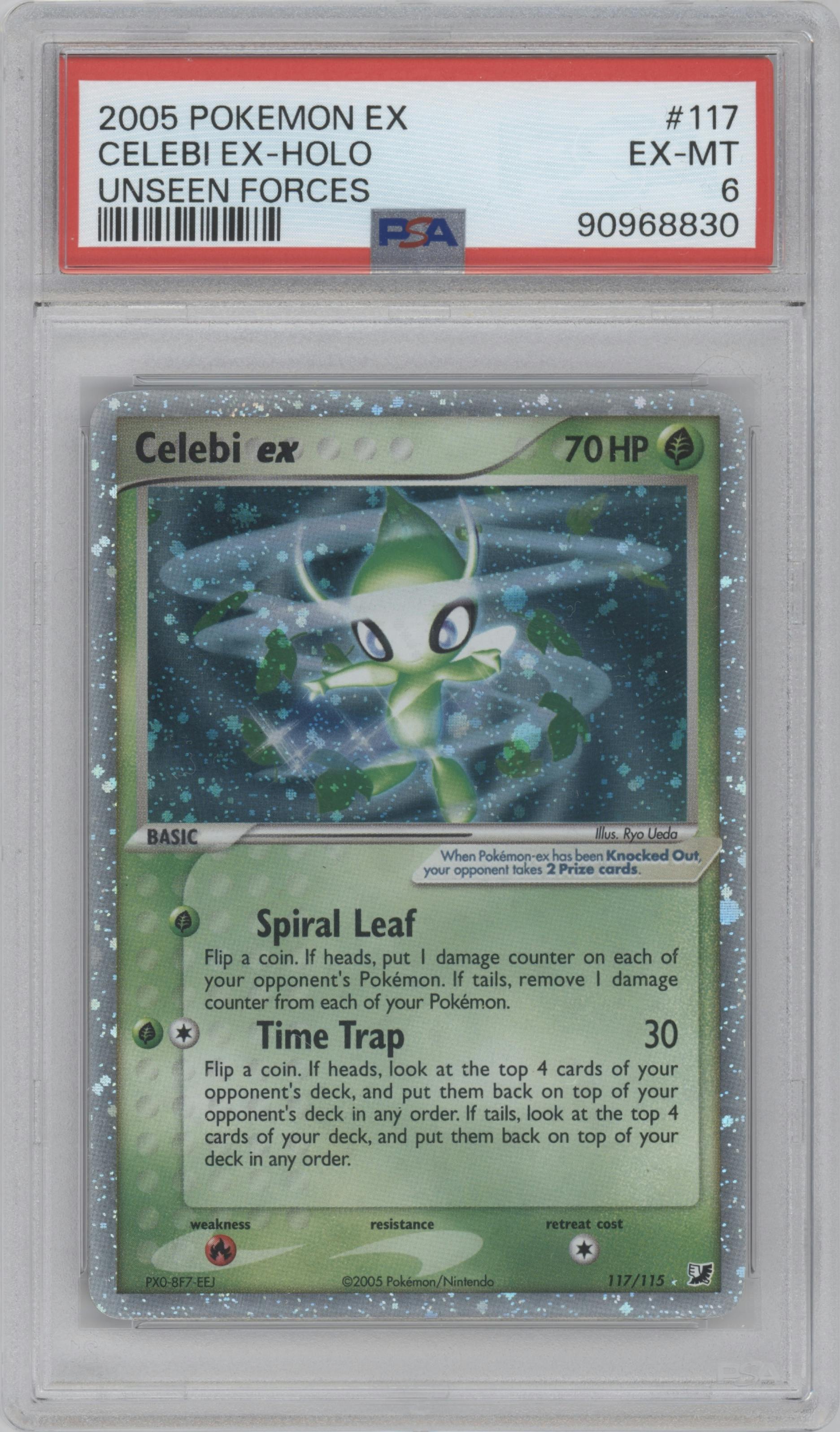 Celebi ex from the 2005 Pokemon EX set graded by PSA and given an overall grade of 6.