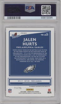 Jalen Hurts from the 2020 Panini Donruss Optic set featuring a Purple Stars parallel graded by PSA and given an overall grade of 10.