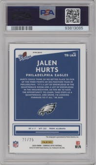 Jalen Hurts from the 2020 Panini Donruss Optic set featuring a Purple Stars parallel graded by PSA and given an overall grade of 10.