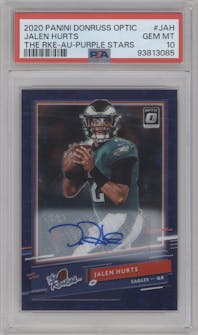 Jalen Hurts from the 2020 Panini Donruss Optic set featuring a Purple Stars parallel graded by PSA and given an overall grade of 10.