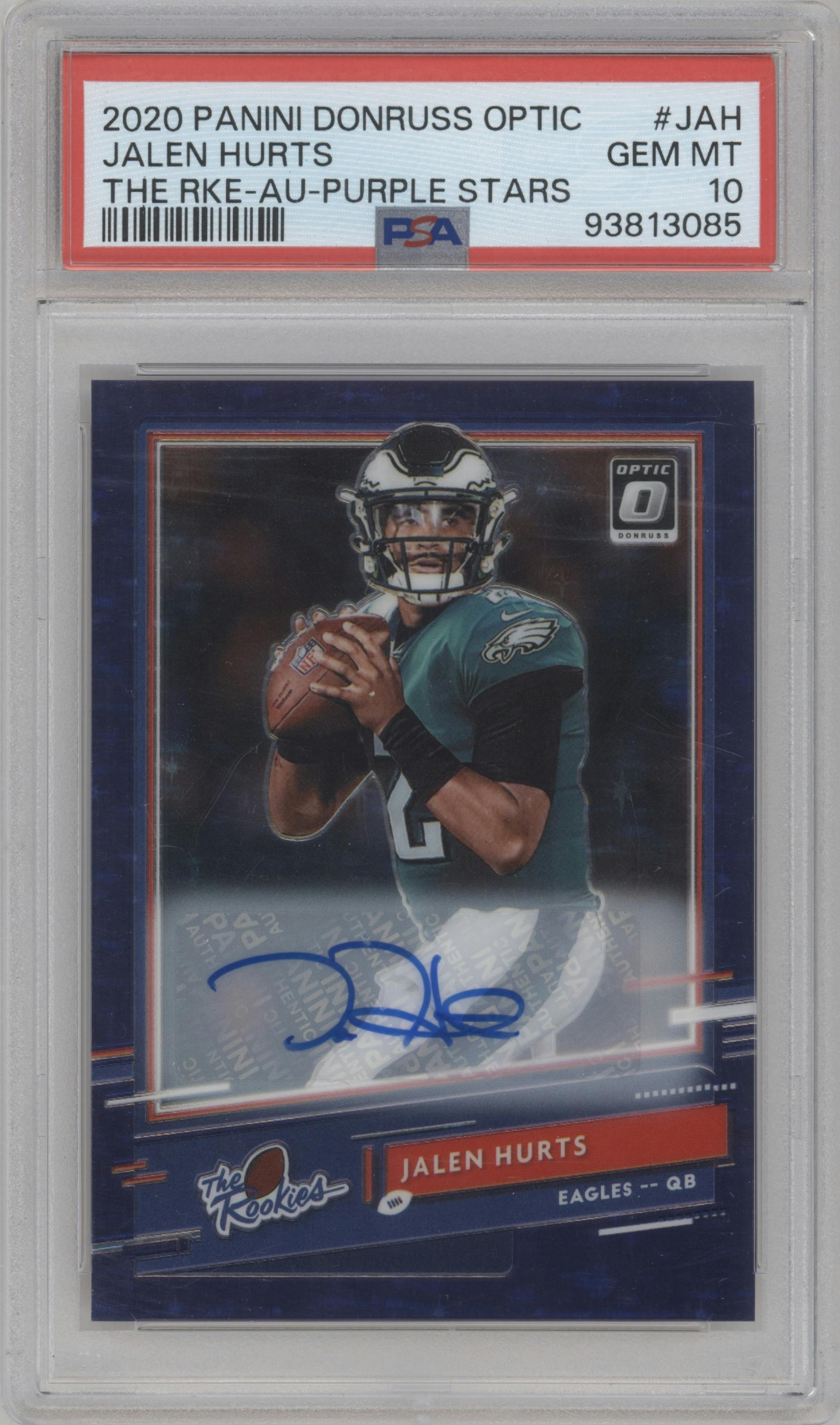 Jalen Hurts from the 2020 Panini Donruss Optic set featuring a Purple Stars parallel graded by PSA and given an overall grade of 10.