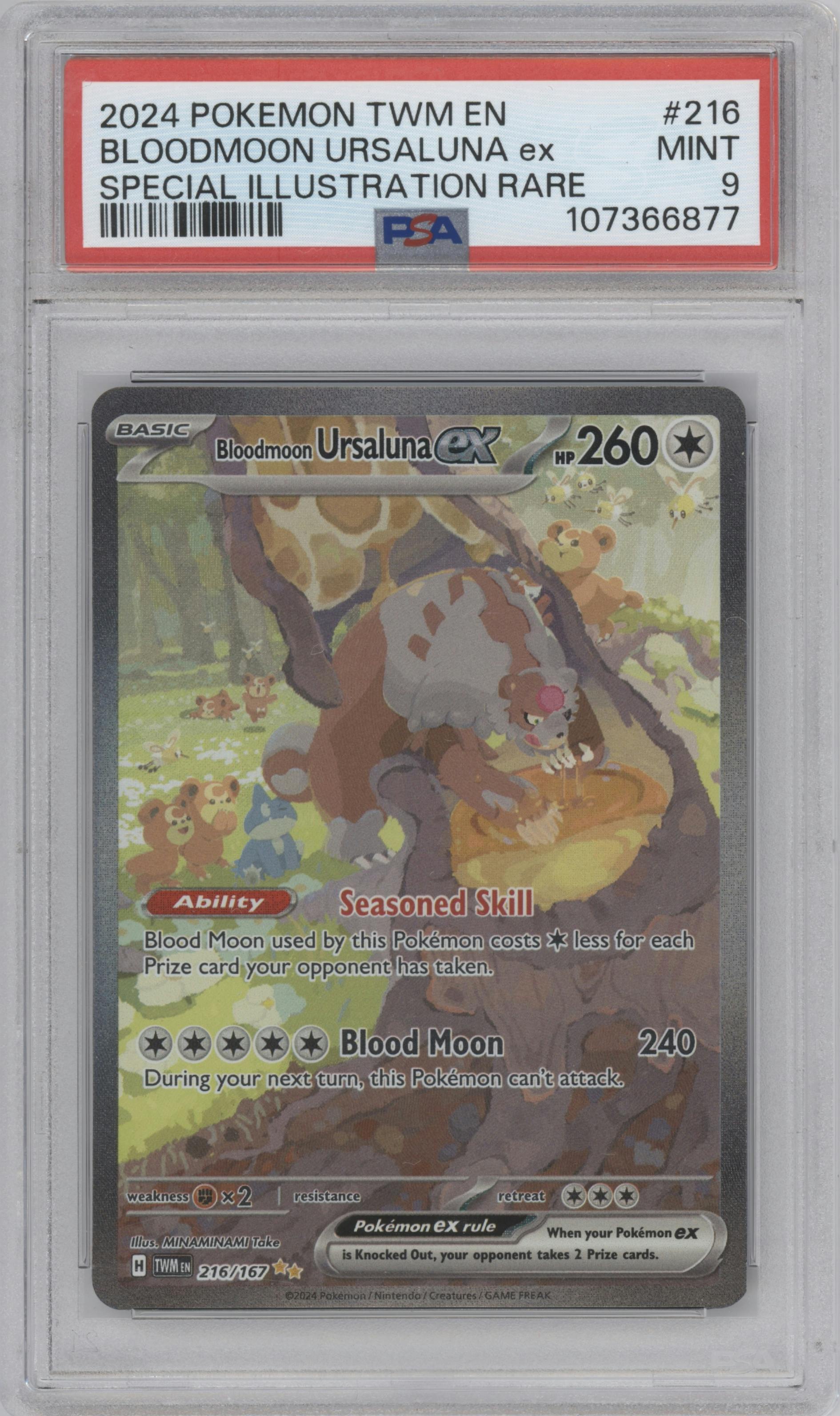 Bloodmoon Ursaluna ex from the 2024 Pokemon SV set graded by PSA and given an overall grade of 9.